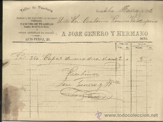 Facturas antiguas: FACTURA DE A. JOS&Eacute; GENERO Y HERMANO. TALLER DE TONELER&Iacute;A. JEREZ DE LA FRONTERA. C&Aacute;DIZ. 1892