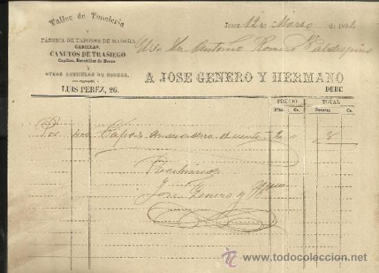 Facturas antiguas: FACTURA DE A. JOS&Eacute; GENERO Y HERMANO. TALLER DE TONELER&Iacute;A. JEREZ DE LA FRONTERA. C&Aacute;DIZ. 1892