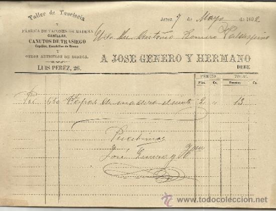 Facturas antiguas: FACTURA DE A. JOS&Eacute; GENERO Y HERMANO. TALLER DE TONELER&Iacute;A. JEREZ DE LA FRONTERA. C&Aacute;DIZ. 1892