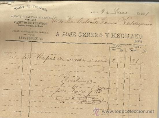 Facturas antiguas: FACTURA DE A. JOS&Eacute; GENERO Y HERMANO. TALLER DE TONELER&Iacute;A. JEREZ DE LA FRONTERA. C&Aacute;DIZ. 1891