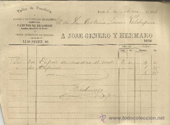 Facturas antiguas: FACTURA DE A. JOS&Eacute; GENERO Y HERMANO. TALLER DE TONELER&Iacute;A. JEREZ DE LA FRONTERA. C&Aacute;DIZ. 1892
