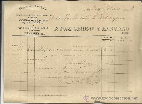 Facturas antiguas: FACTURA DE A. JOS&Eacute; GENERO Y HERMANO. TALLER DE TONELER&Iacute;A. JEREZ DE LA FRONTERA. C&Aacute;DIZ. 1892
