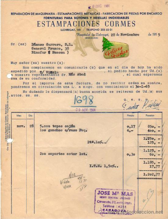 Facturas antiguas: FACTURA DE ESTAMPACIONES CORMES. REPARACION DE MAQUINARIA - ESTAMPACIONES METALICAS. LLOBREGAT. 1965