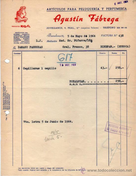 Facturas antiguas: FACTURA DE AGUST&Iacute;N F&Aacute;BREGA.  BARCELONA.  1964.