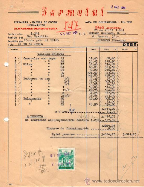 Facturas antiguas: FACTURA DE FERMETAL. ALMACENES DE FERRETERIA. O&Ntilde;ATE (GUIPUZCOA). 1964.