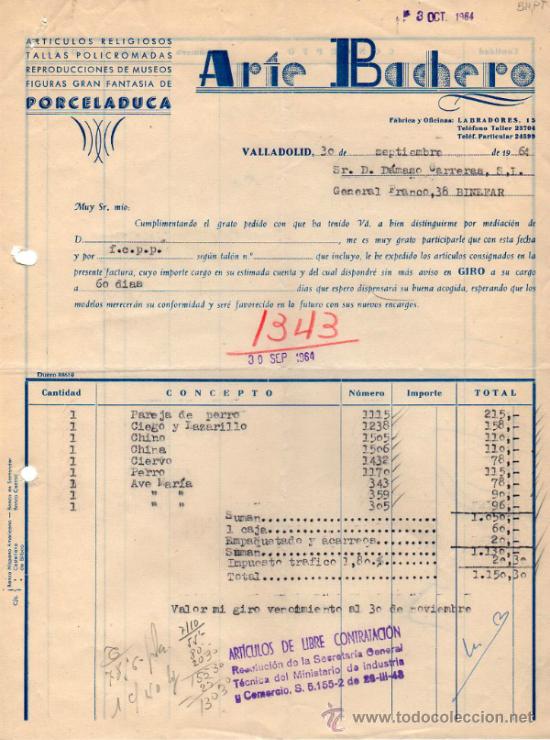 Facturas antiguas: FACTURA DE ARTE BACHERO. FABRICA DE ARTICULOS RELIGIOSOS, TALLAS POLICROMADAS. VALLADOLID. 1964.