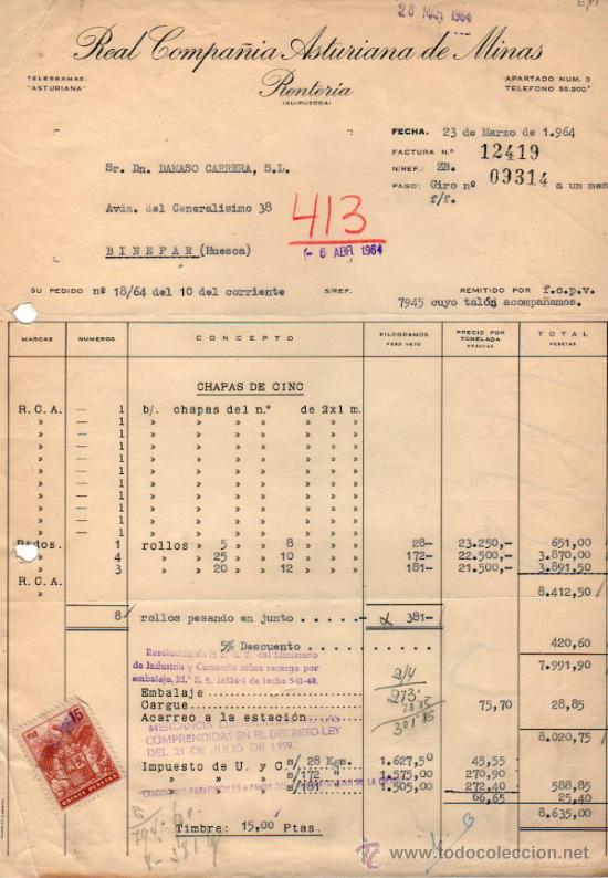 Facturas antiguas: FACTURA DE REAL COMPA&Ntilde;IA ASTURIANA DE MINAS. RENTER&Iacute;A ( GUIPUZCOA). 1964.