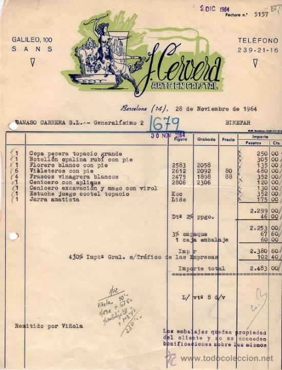 Facturas antiguas: FACTURA DE J. CERVERA. ARTE EN CRISTAL. BARCELONA. 1964.