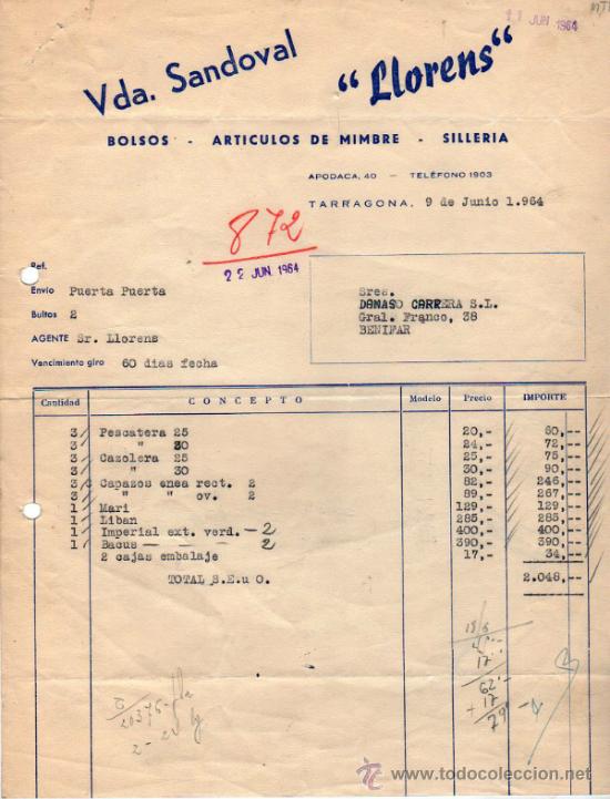 Facturas antiguas: FACTURA DE VIUDA SANDOVAL. &rdquo;LLORENS&rdquo;. SILLERIA - ARTICULOS DE MIMBRE. TARRAGONA. 1964.