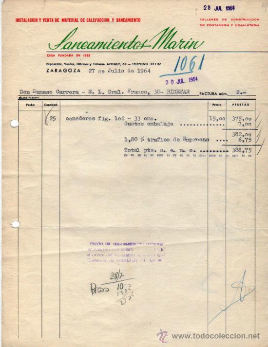 Facturas antiguas: FACTURA DE SANEAMIENTOS MAR&Iacute;N. INSTALACION Y VENTA DE MATERIAL DE CALEFACCION. ZARAGOZA. 1964.
