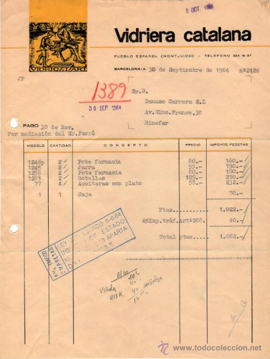 Facturas antiguas: FACTURA DE VIDRIERA CATALANA. VIDRIO Y ARTE.  BARCELONA. 1964.