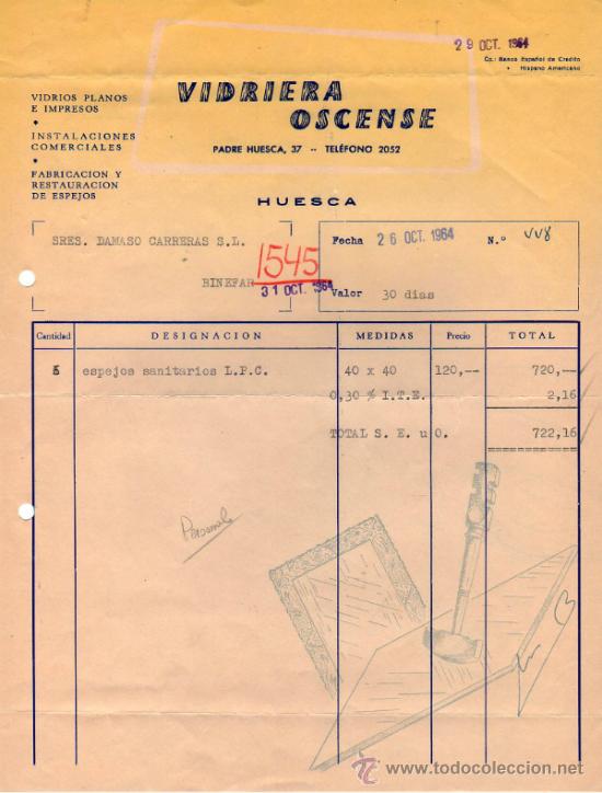 Facturas antiguas: FACTURA DE VIDRIERA OSCENSE. FABRICACION Y RESTAURACION DE ESPEJO. HUESCA.  1964.