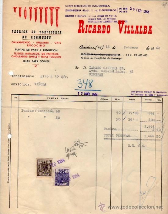 Facturas antiguas: FACTURA DE RICARDO VILLALBA. FABRICA DE TREFILLERIA DE ALAMBRES. BARCELONA.  1964.