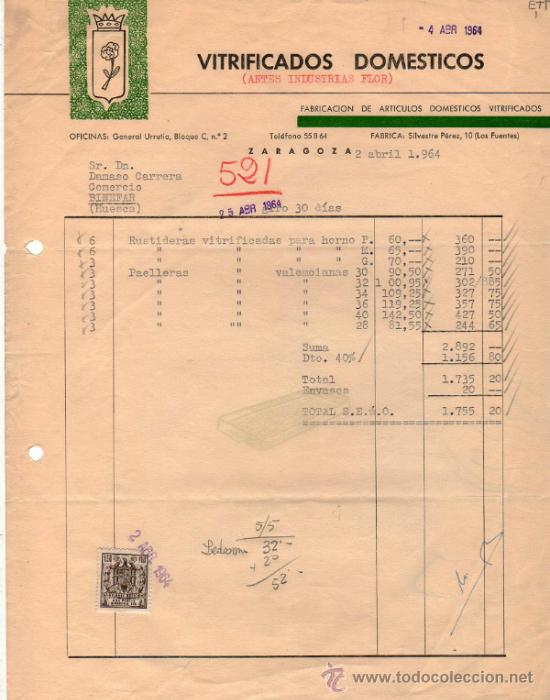 Facturas antiguas: FACTURA DE VITRIFICADOS DOMESTICOS. FABRICACION DE ARTICULOS DOMESTICOS VITRIFICADO. ZARAGOZA.  1964