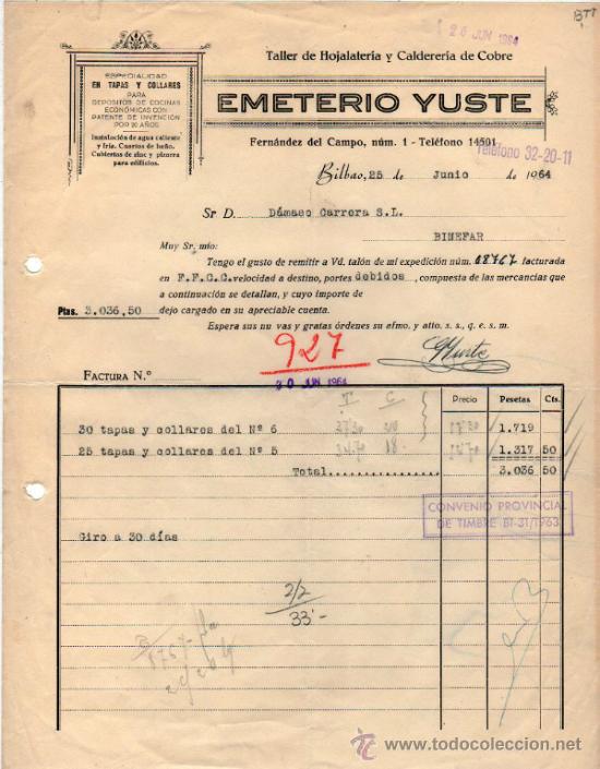Facturas antiguas: FACTURA DE EMETERIO YUSTE. TALLER DE HOJALATER&Iacute;A Y CALDER&Iacute;A DE COBRE. BILBAO. 1964.