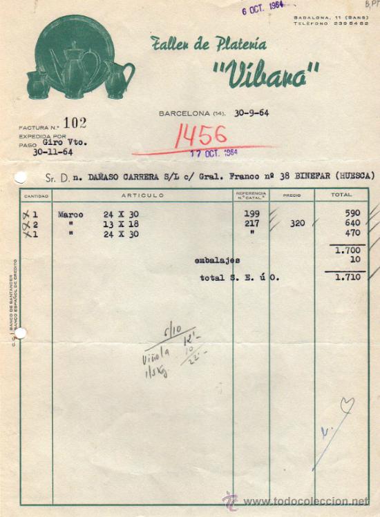 Factures anciennes: FACTURA DE VIBANA. TALLER DE PLATER&Iacute;A. BARCELONA. 1964.