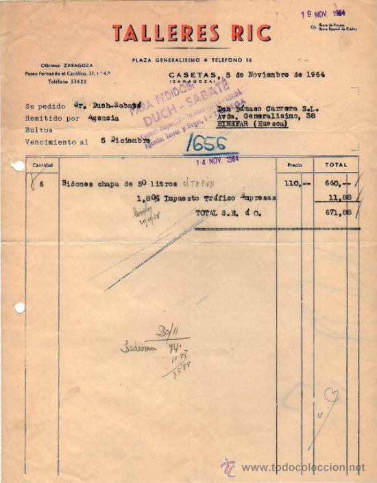 Factures anciennes: FACTURA DE TALLERES RIC. CASETAS (ZARAGOZA). 1964.