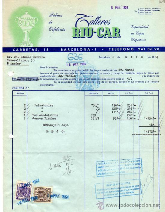Factures anciennes: FACTURA DE TALLERES RIU - CAR. FABRICA DE ORFEBRER&Iacute;A. BARCELONA. 1964.
