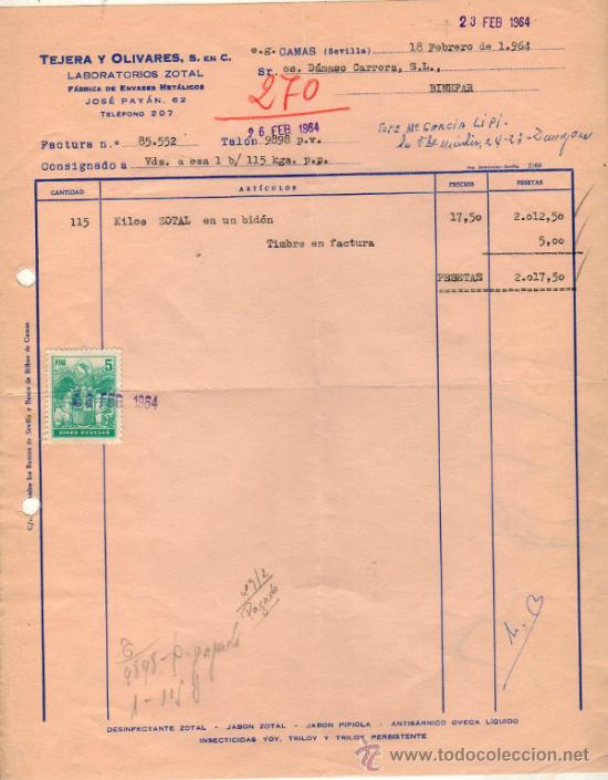Factures anciennes: FACTURA TEJERA Y OLIVARES, S. EN C. LABORATORIOS ZOTAL. FABRICA DE NEVASES MET&Aacute;LICOS. SEVILLA. 1964.