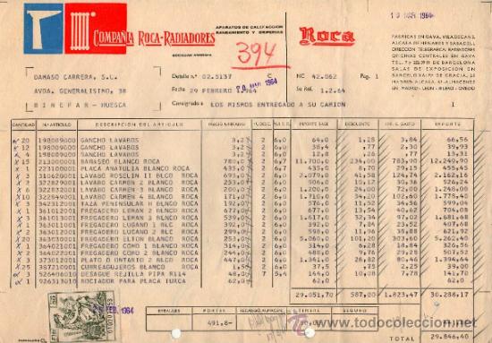 Factures anciennes: FACTURA COMPA&Ntilde;IA ROCA - RADIADORES, S. A. FABRICA DE APARATOS DE CALEFACCION. GAVA (BARCELONA). 1964