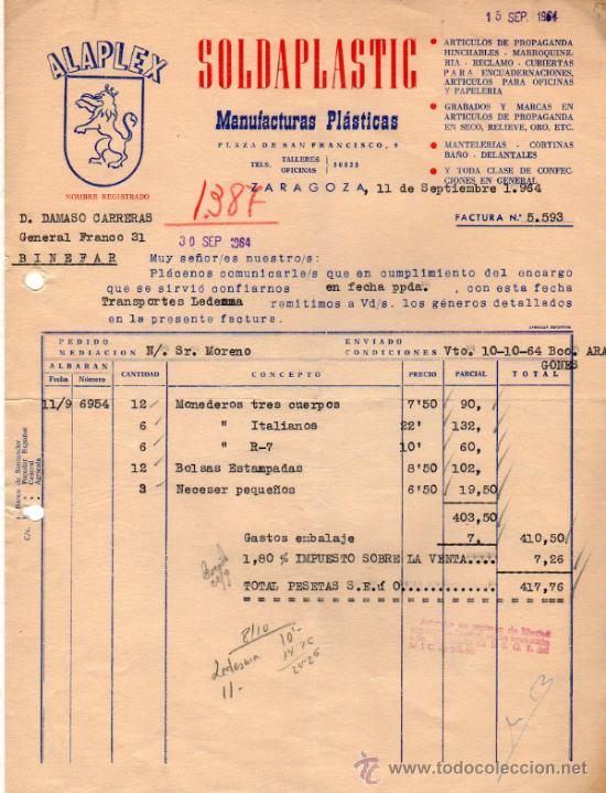 Factures anciennes: FACTURA DE SOLDAPLASTIC. MANUFACTURAS PL&Aacute;STICAS. ZARAGOZA. 1964.
