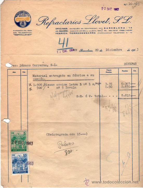 Factures anciennes: FACTURA DE REFRACTARIOS LLOVET, S. L. BARCELONA. 1963.