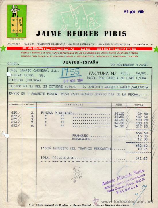 Factures anciennes: FACTURA DE JAIME REURER PIRIS. FABRICACION DE BISAGRAS. ALAYOR - ESPA&Ntilde;A. 1964.