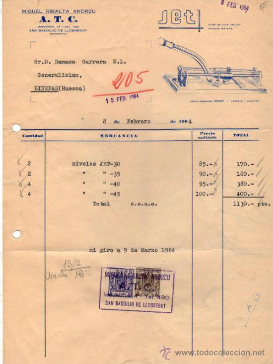 Factures anciennes: FACTURA DE MIGUEL RIBALTA ANDREU. A.T. C. SAN BAUDILIO DE LLOBREGAT (BARCELONA). 1964.
