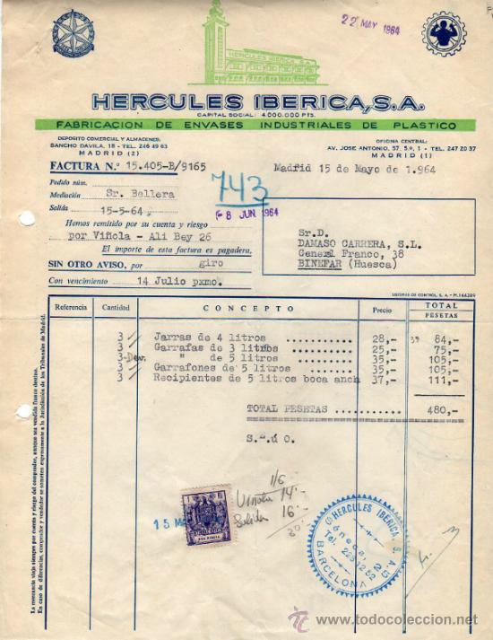 Factures anciennes: FACTURA DE HERCULES IBERICA, S. A. FABRICACION DE ENVASES INDUSTRIALES DE PLASTICO. MADRID. 1964.