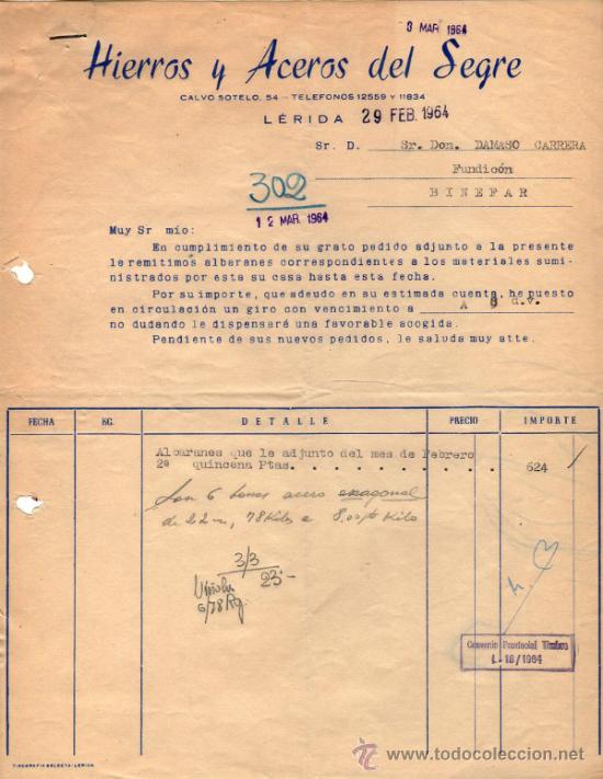 Factures anciennes: FACTURA DE HIERROS Y ACEROS DEL SEGRE. L&Eacute;RIDA. 1964.