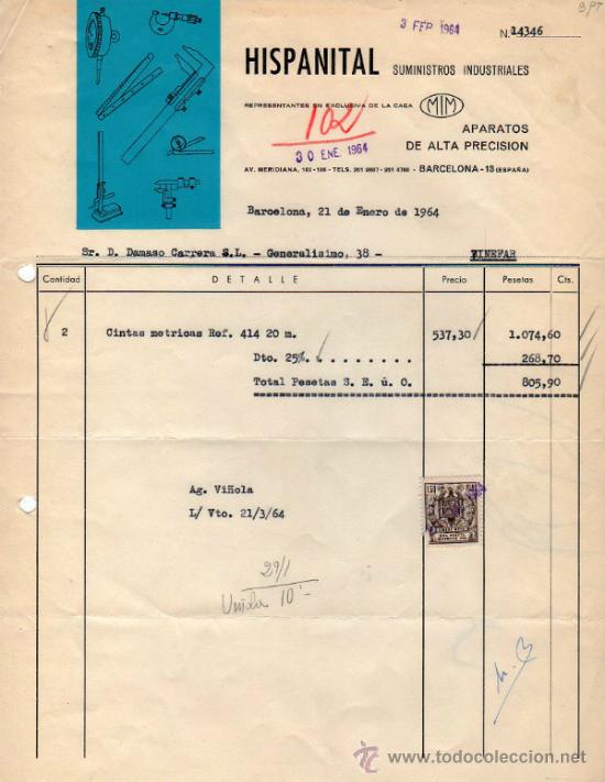 Factures anciennes: FACTURA DE HISPANITAL. SUMINISTROS INDUSTRIALES. BARCELONA. 1964.