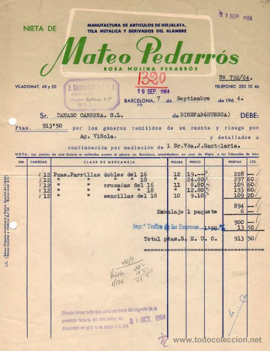 Factures anciennes: FACTURA NIETA DE MATEO PEDARR&Oacute;S, ROSA MOLINA PEDARR&Oacute;S. MANUFACTURA DE TELA METALICA. BARCELONA. 1964
