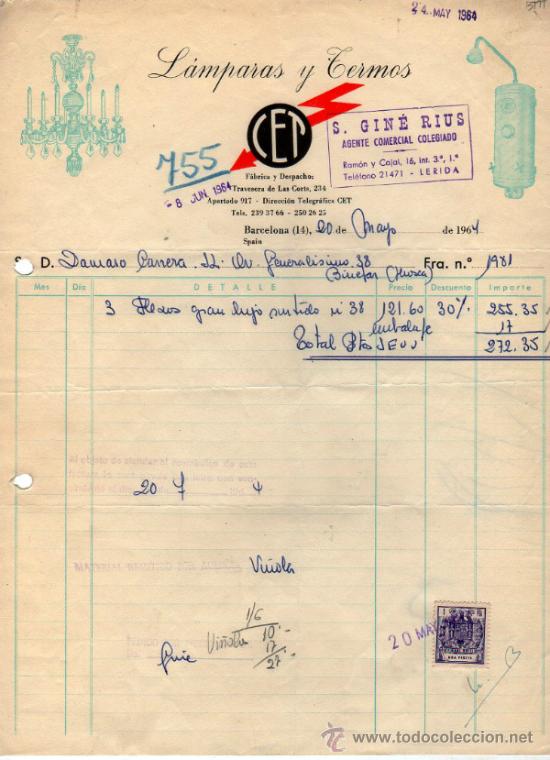 Factures anciennes: FACTURA DE L&Aacute;MPARAS Y TERMOS. BARCELONA.  1964.