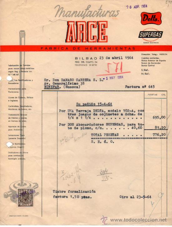 Factures anciennes: FACTURA DE MANUFACTURAS ARCE. BILBAO.  1964.