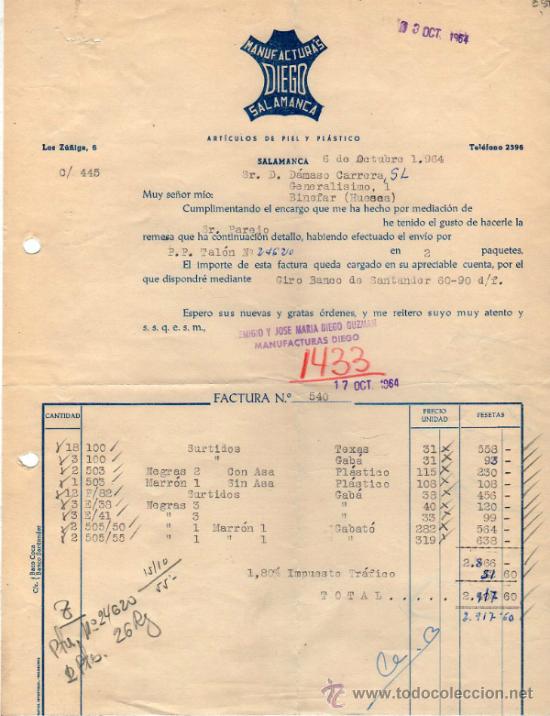 Factures anciennes: FACTURA DE MANUFACTURAS DIEGO. SALAMANCA.  1964.