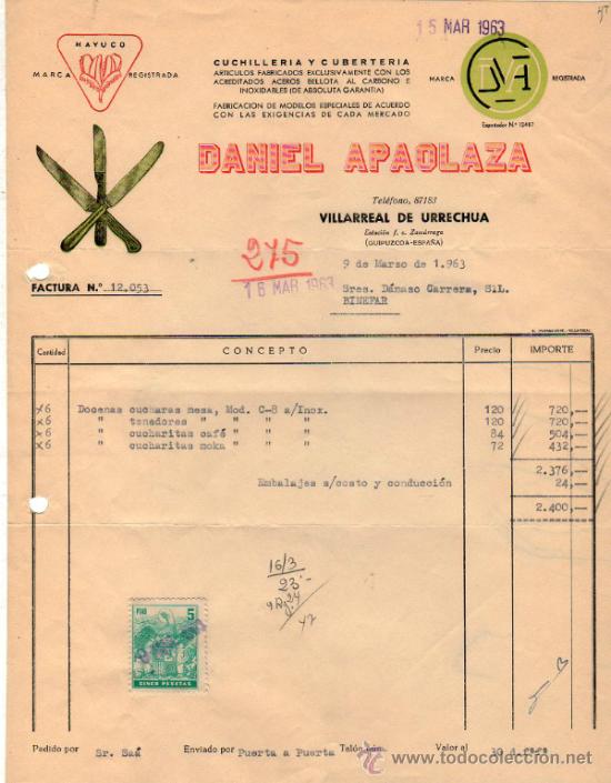 Factures anciennes: FACTURA DE DANIEL APAOLAZA. CUCHELLERIA Y CUBERTERIA. VILLARREALM DE URRECHUA ( GUIPUZCOA). 1963