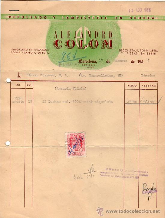 Factures anciennes: FACTURA DE ALEJANDRO COLOM. REPULSADO Y LAMPISTERIA EN GENERAL. BARCELONA. 1956.