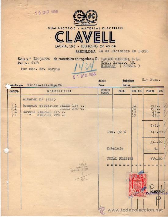 Factures anciennes: FACTURA DE CLAVELL. SUMINISTROS Y MATERIAL ELECTRICO.  BARCELONA. 1956.