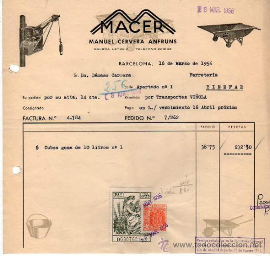 Factures anciennes: FACTURA DE MACER. MANUEL CERVERA ANFRUNS.  BARCELONA. 1956.