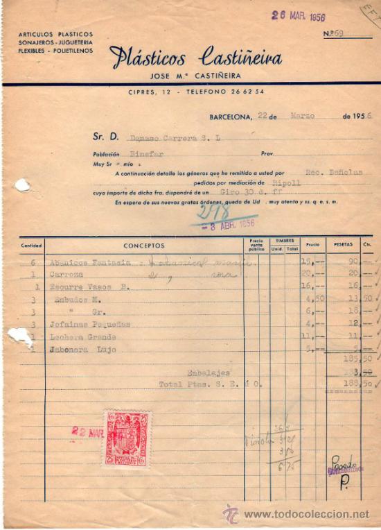 Factures anciennes: FACTURA DE JOS&Eacute; Ma. CASTI&Ntilde;EIRA. PL&Aacute;STICOS CASTI&Ntilde;EIRA. BARCELONA. 1956.