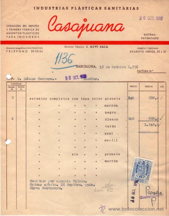 Factures anciennes: FACTURA DE CASAJUANA. INDUSTRIAS PL&Aacute;STICAS SANITARIAS. BARCELONA. 1956.