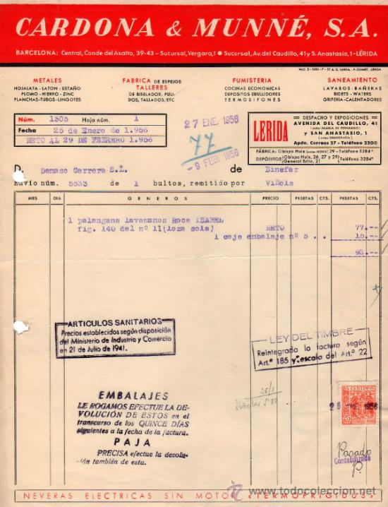 Facturas antiguas: FACTURA DE CARDONA & MUNN&Eacute;, S. A. FABRICA DE ESPEJOS, TALLERES DE BISELADOS, PULIDOS. L&Eacute;RIDA. 1956.