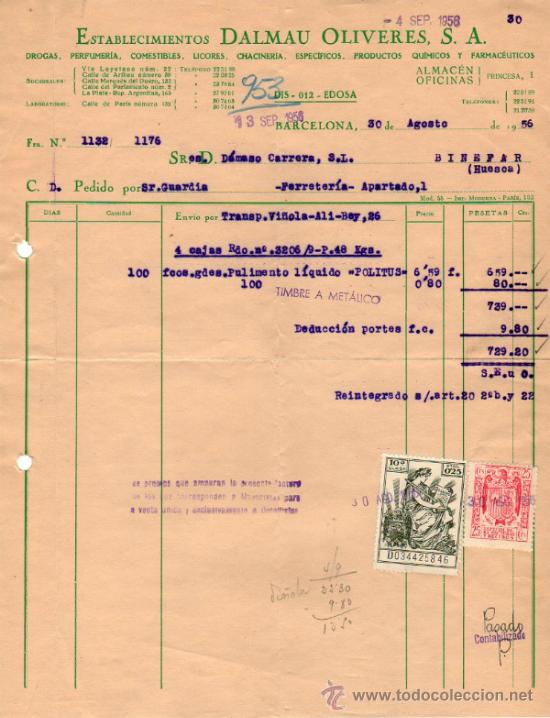 Factures anciennes: FACTURA DE ESTABLECIMIENTOS DALMAU OLIVERES, S. A. DROGAS- PERFUMER&Iacute;A- COMESTIBLES. BARCELONA. 1956.