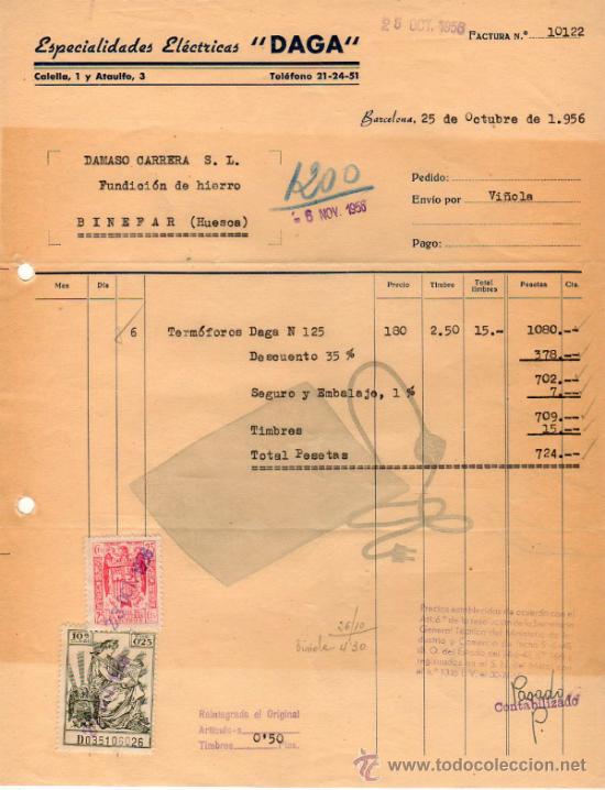 Factures anciennes: FACTURA DE ESPECIALIDADES EL&Eacute;CTRICAS &rdquo;DAGA&rdquo;. BARCELONA. 1956.