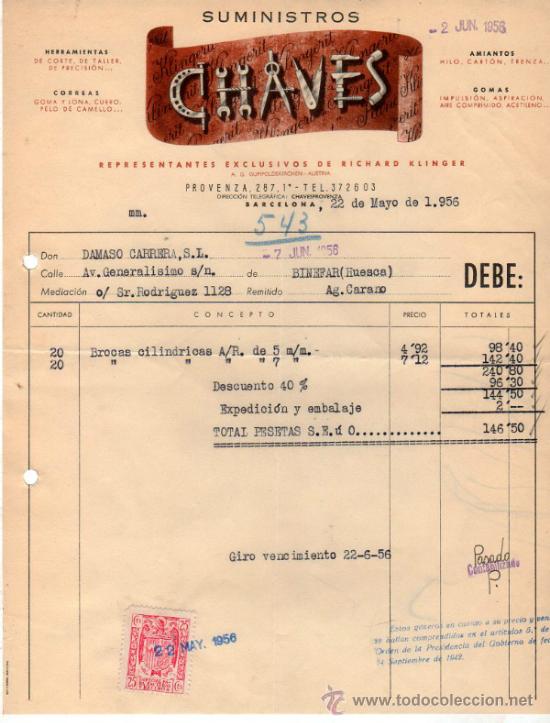 Factures anciennes: FACTURA DE SUMINISTROS CHAVES. REPRESENTANTES EXCUSIVOS DE RICHARD KLINGER. BARCELONA. 1956.