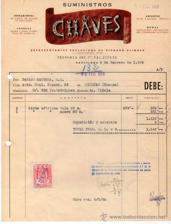 Factures anciennes: FACTURA DE SUMINISTROS CHAVES. REPRESENTANTES EXCUSIVOS DE RICHARD KLINGER. BARCELONA. 1956.