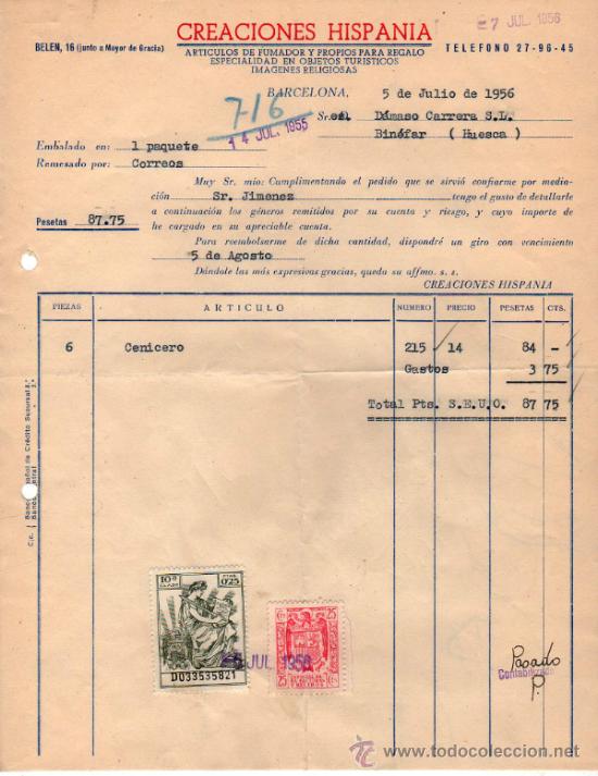 Factures anciennes: FACTURA  DE CREACIONES HISPANIA. BARCELONA. 1956.