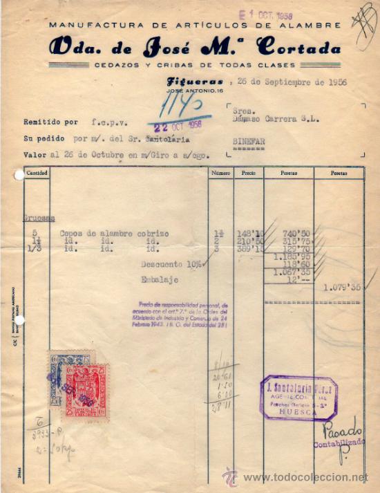 Factures anciennes: FACTURA DE VDA. DE JOS&Eacute; Ma. CORTADA. MANUFACTURA DE ARTICULOS DE ALAMBRE. FIGUERAS. 1956.