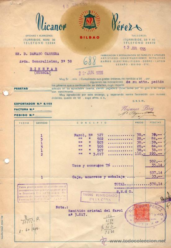 Factures anciennes: FACTURA DE NICANOR P&Eacute;REZ. FABRICACION Y RESTAURACION DE FAROLES Y APLIQUES ARTISTICOS. BILBAO. 1955.