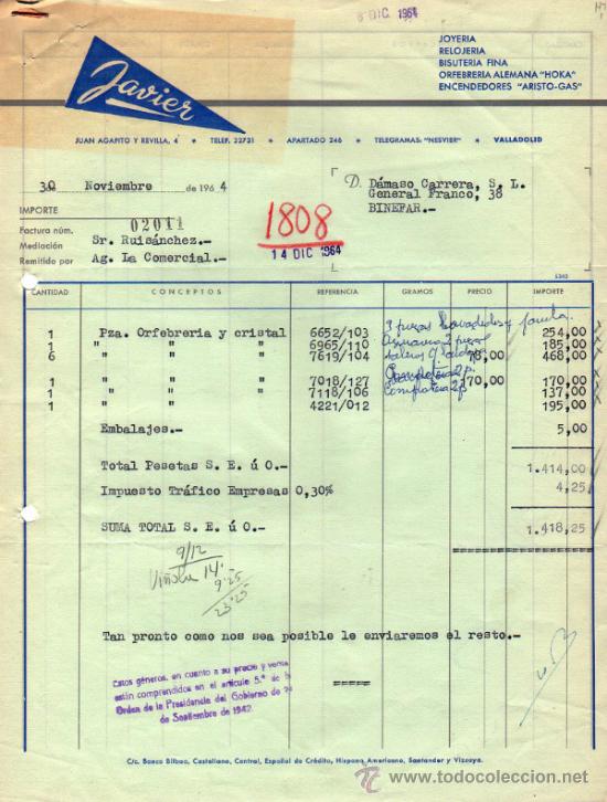 Factures anciennes: FACTURA DE JAVIER. JOYERIA - RELOJERIA - BISUTERIA FINA - ORFEBRERIA ALEMANA HOKA. VALLADOLID. 1964